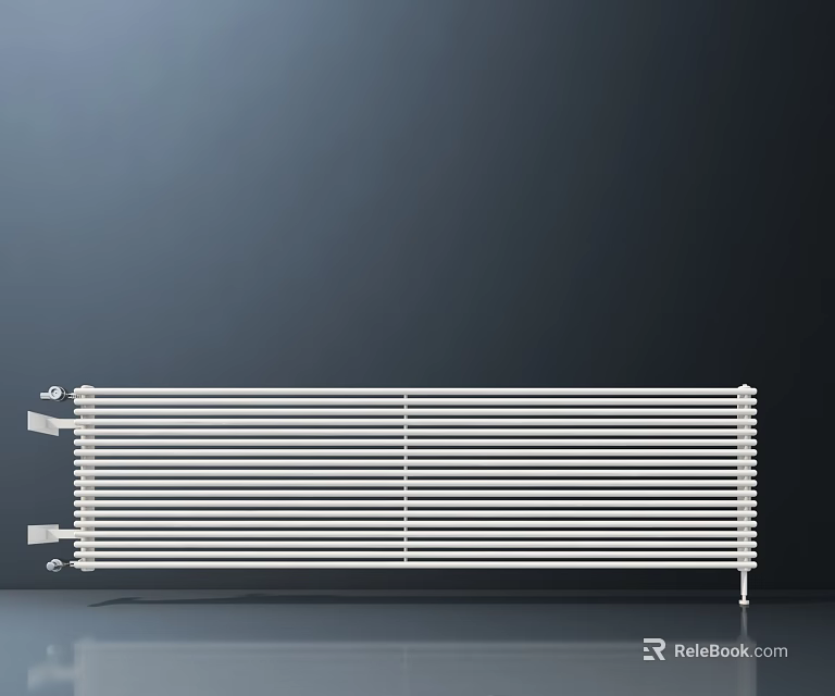 Modern White Radiator With Parallel Long Strips And Support Feet On Dark Background 3d model 