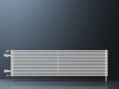 Modern White Radiator With Parallel Long Strips And Support Feet On Dark Background 3d model