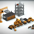 Construction Vehicles at Construction Site Featuring Crane Excavator Concrete Mixer Dump Trucks and Materials