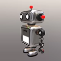 Vintage Metallic Robot Character With Big Eyes Red Buttons And Mechanical Arms