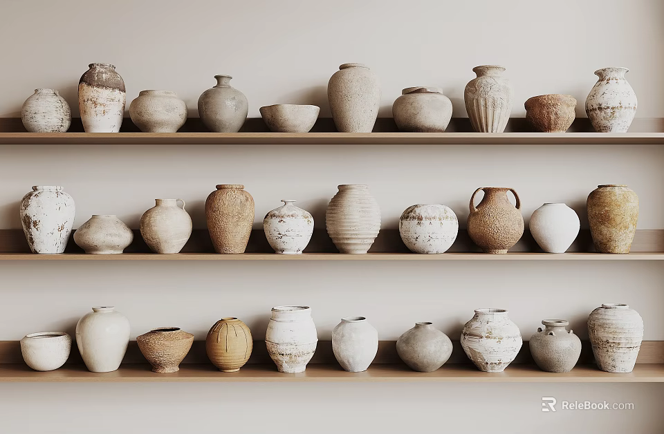 Handcrafted Ceramic Vessels of Various Shapes on Wooden Shelves in Neutral Tones 3d model 