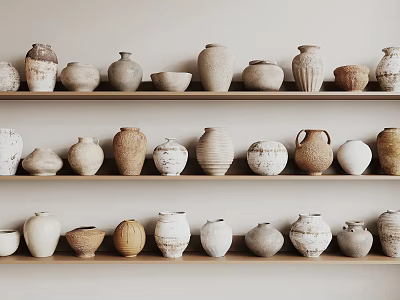 Handcrafted Ceramic Vessels of Various Shapes on Wooden Shelves in Neutral Tones 3d model