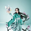 Anime Style Female Figure In Green Traditional Costume With Blue Animal And Cherry Blossom Base