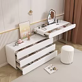 Modern White Dressing Table With Mirror Flower Vase Artwork Drawers And Pouf Stool