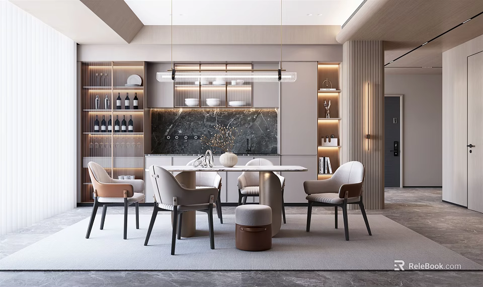 Elegant Modern Restaurant Interior With Dining Table Chairs Pendant Lights Wine Racks And Marble Backsplash 3d model 