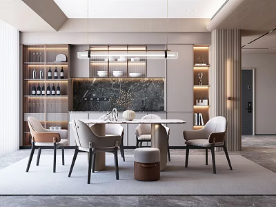 Elegant Modern Restaurant Interior With Dining Table Chairs Pendant Lights Wine Racks And Marble Backsplash 3d model