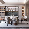 Elegant Modern Restaurant Interior With Dining Table Chairs Pendant Lights Wine Racks And Marble Backsplash