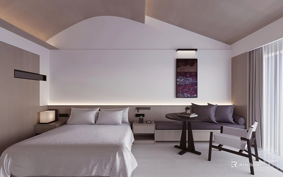 Modern Hotel Guest Room Interior with White Bed Nightstand Lamp Sofa And Decorative Painting 3d model 