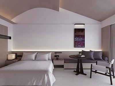 Modern Hotel Guest Room Interior with White Bed Nightstand Lamp Sofa And Decorative Painting 3d model