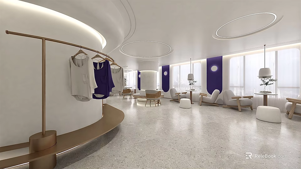 Modern Clothing Store Interior With White Purple Decor Hanging Clothes Sofas And Round Ceiling Lights 3d model 