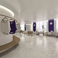 Modern Clothing Store Interior With White Purple Decor Hanging Clothes Sofas And Round Ceiling Lights