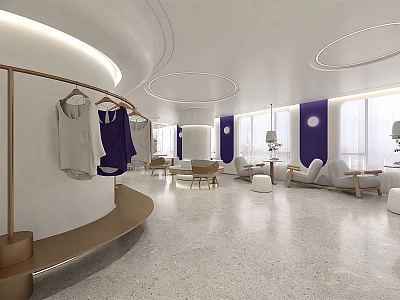 Modern Clothing Store Interior With White Purple Decor Hanging Clothes Sofas And Round Ceiling Lights 3d model