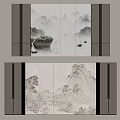 Traditional Chinese TV Background Wall Featuring Ink Landscape Painting And Wooden Panels