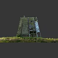 Cartoon Scene of Old Wooden Watchtower with Green Grass and Plants in Rustic Model Setting