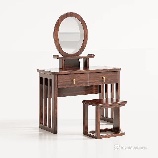 Dark Wood Dressing Table with Round Mirror Two Drawers and Matching Stool 3d model