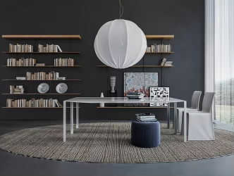 Modern leisure table and chair study bookcase chandelier combination 3d model