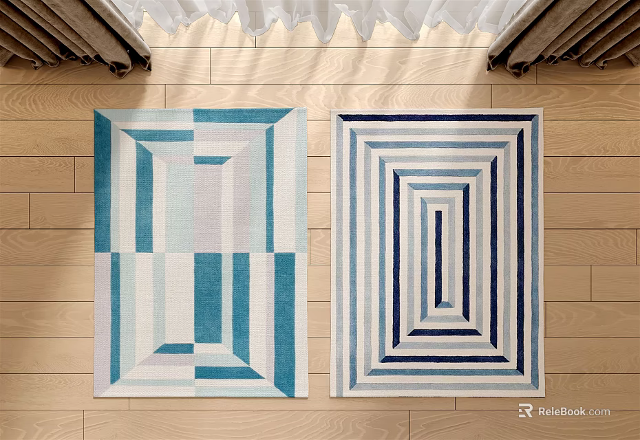 Modern Blue And White Square Area Rugs With Geometric Stripes And Nested Rectangles 3d model