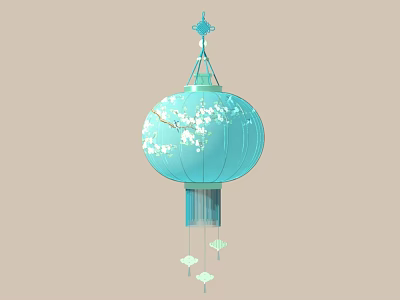 Traditional Chinese Blue Lantern with White Plum Blossom Patterns and Hanging Tassels Decorative Design 3d model
