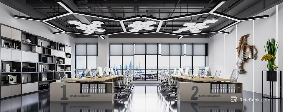 Modern Public Office Space Interior With Large Windows City View And Computer Workstations 3d model