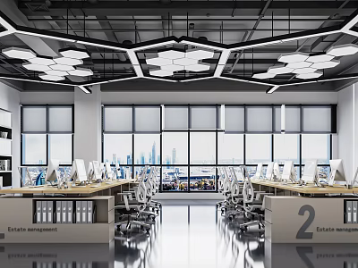 Modern Public Office Space Interior With Large Windows City View And Computer Workstations 3d model