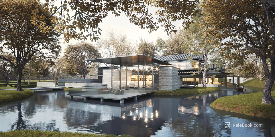 Detached Villa In Natural Surroundings With Modern Design Water Pond And Reflections 3d model 