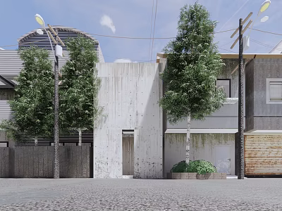 Modern Two Story Building Exterior With Concrete Facade Trees Street Lamps And Stone Paved Road 3d model