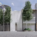 Modern Two Story Building Exterior With Concrete Facade Trees Street Lamps And Stone Paved Road