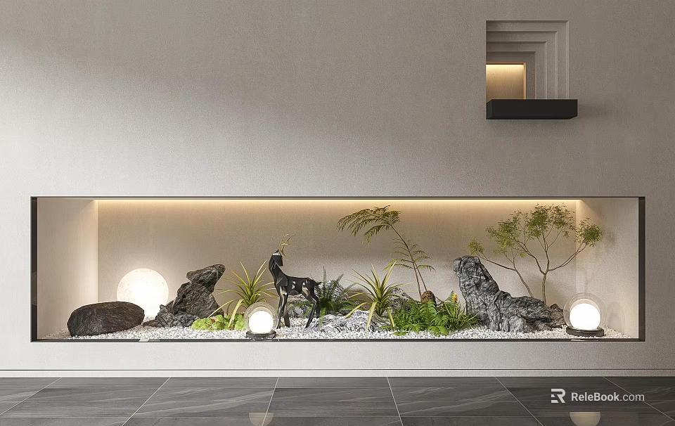 Elegant Indoor Landscape With Rock Formations Green Plants Deer Figurine Round Lights And White Wall 3d model 