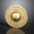 Golden Circular Medallion With Intricately Engraved Ornate Design And Central Emblem