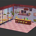 Cartoon Cafe Interior Scene With Counter Yellow Stools Tables Framed Pictures And Pink Checkered Floor