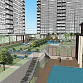 Modern High Rise Apartment Complex With Central Courtyard Green Space And Water Features