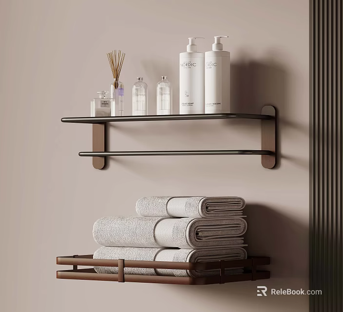Bathroom Shelf With Toiletries And Stacked White Towels On Tray 3d model 