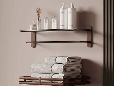 Bathroom Shelf With Toiletries And Stacked White Towels On Tray 3d model