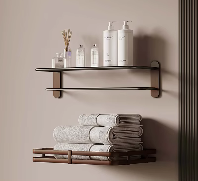 Bathroom Shelf With Toiletries And Stacked White Towels On Tray 3d model