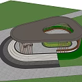 Modern Circular Landscape Pavilion With Illuminated Metal Frame Steps And Greenery Near Modern Building