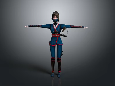 3D Ninja Character In Blue Red Outfit With Mask And Waist Weapon Arms Outstretched 3d model