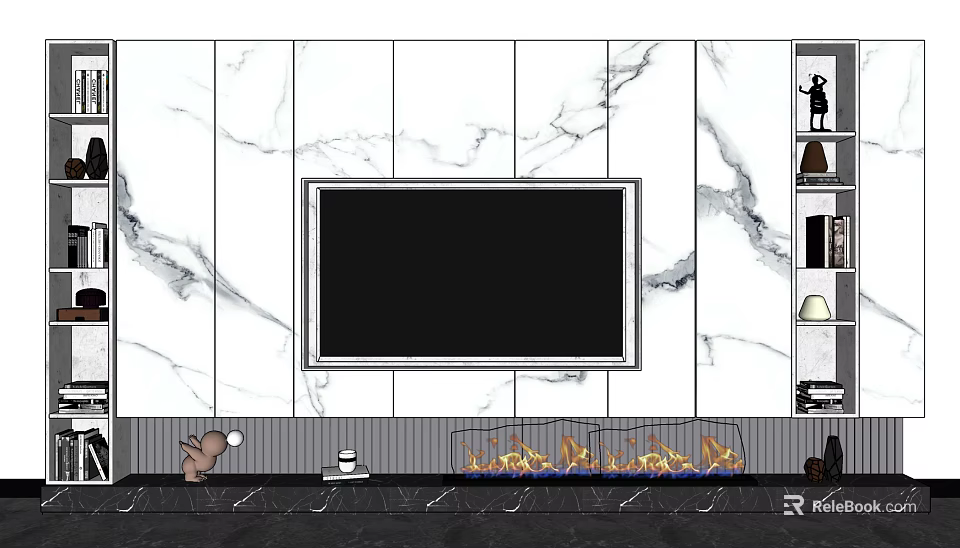 Modern TV Background Wall with Marble Panel Flat Screen TV and Fireplace Decor 3d model