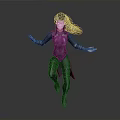 3D Female Fantasy Warrior With White Long Hair Dark Purple Armor Dynamic Pose Gray Background