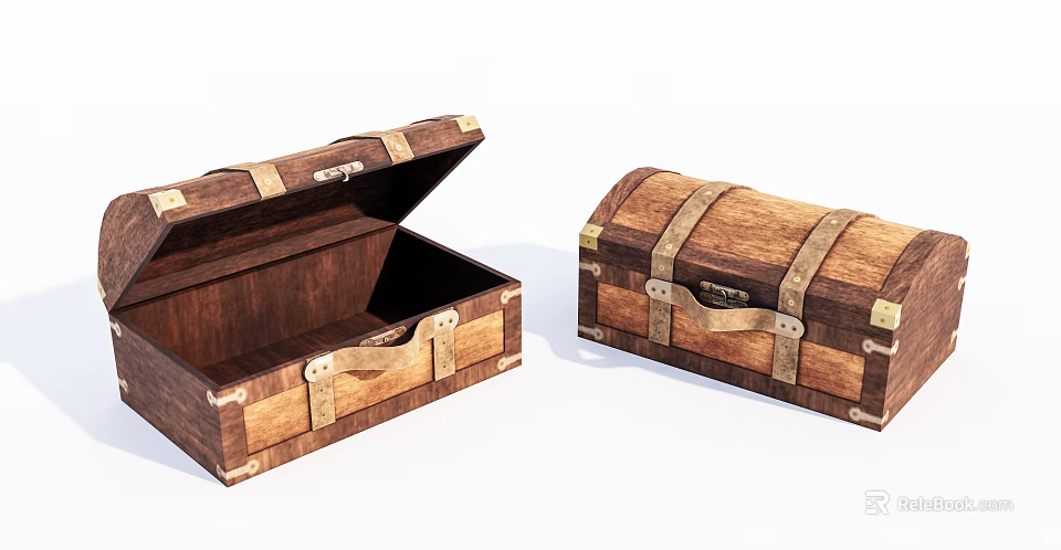Vintage Wooden Chests With Metal Straps Open And Closed Design 3d model 