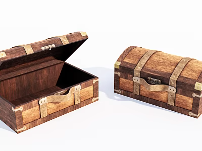 Vintage Wooden Chests With Metal Straps Open And Closed Design 3d model