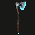 Glowing Blue Crystal Axe With Wooden Handle And Metallic Decorative Patterns 3d model