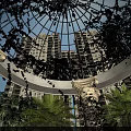 Lush Garden Landscape With Glass Dome Vines High Rise Buildings And Palm Trees