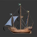 Wooden Model Ship With Blue White Striped Sails Masts And Flags