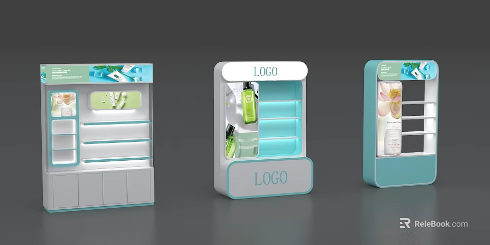 Sleek Modern Showcase Shelves With LED Lighting Logo And Skincare Products 3d model 