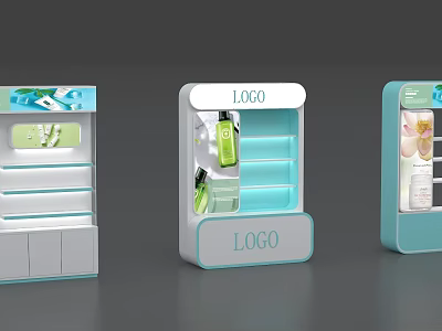 Sleek Modern Showcase Shelves With LED Lighting Logo And Skincare Products 3d model