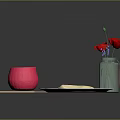 Pink Round Cheese on Wooden Tray with Cheese Toast Plate and Red Flowers in Vase