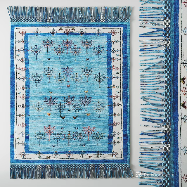Vibrant Blue Square Rug Featuring Intricate Tree Patterns Decorative Borders And Fringes 3d model 