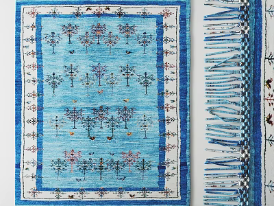 Vibrant Blue Square Rug Featuring Intricate Tree Patterns Decorative Borders And Fringes 3d model