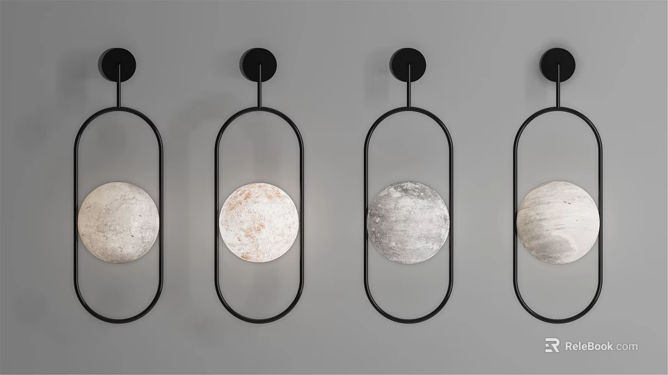 Four Modern Wall Lamps with Black Metal Frames and Moon Texture Shades on Gray Wall 3d model 