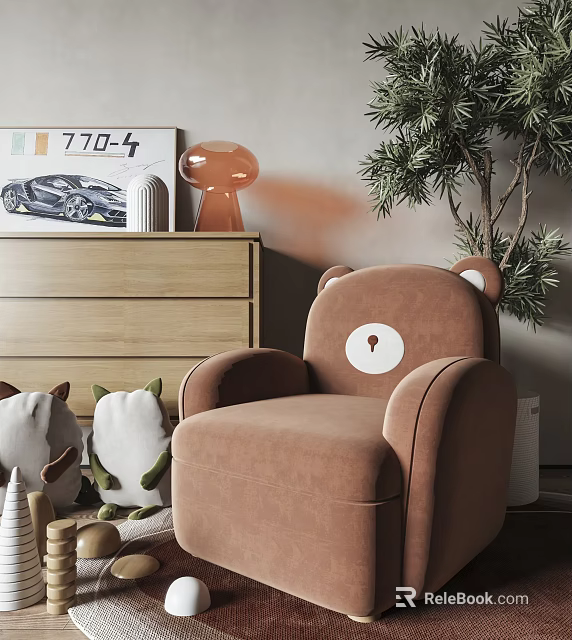 Brown Bear Shaped Kids Chair with Stuffed Toys and Wooden Furniture in Children's Room 3d model 